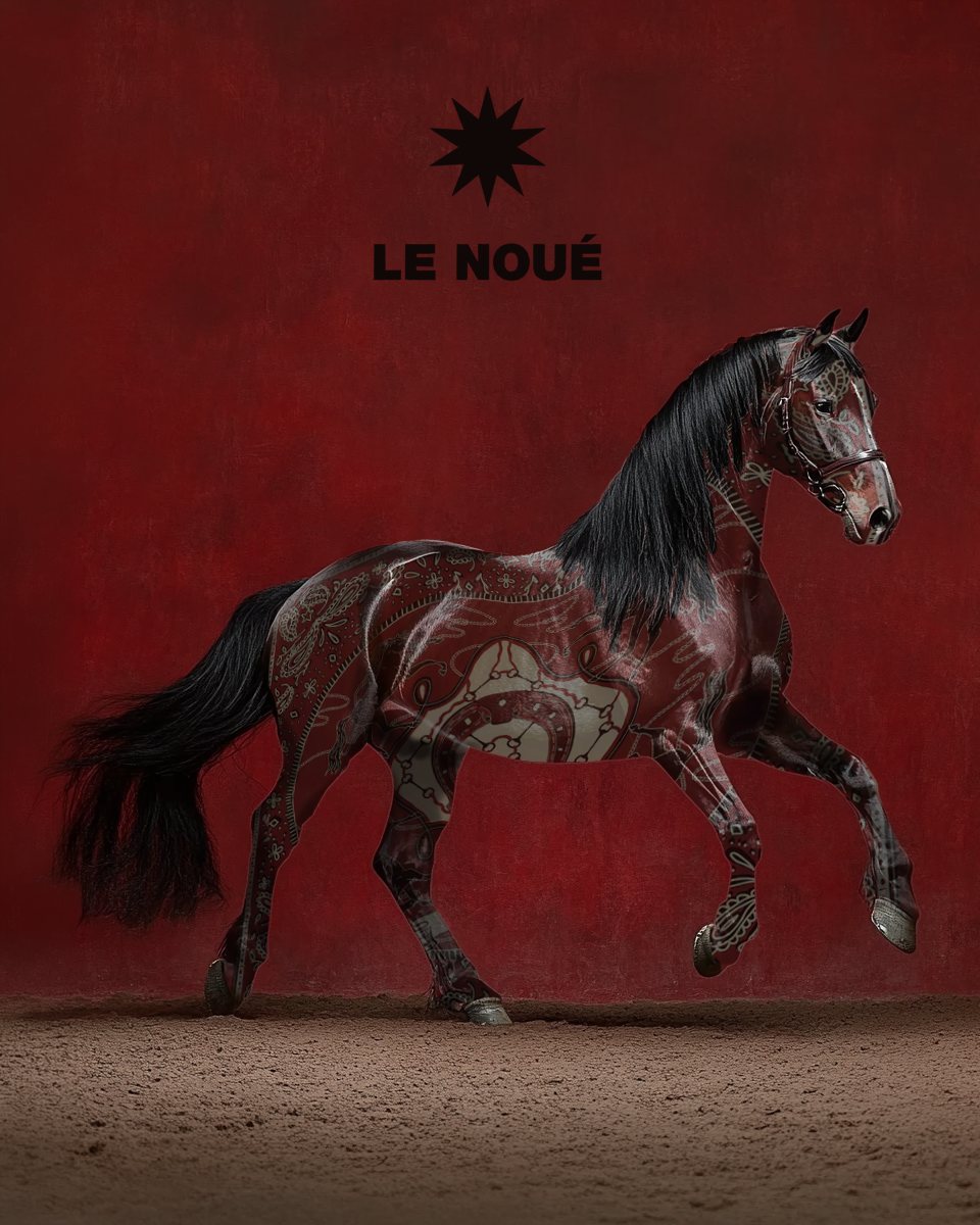 Visuel de campagne Le Noué : cheval au trot paré du motif du Cavalier, sur fond rouge, logo étoile