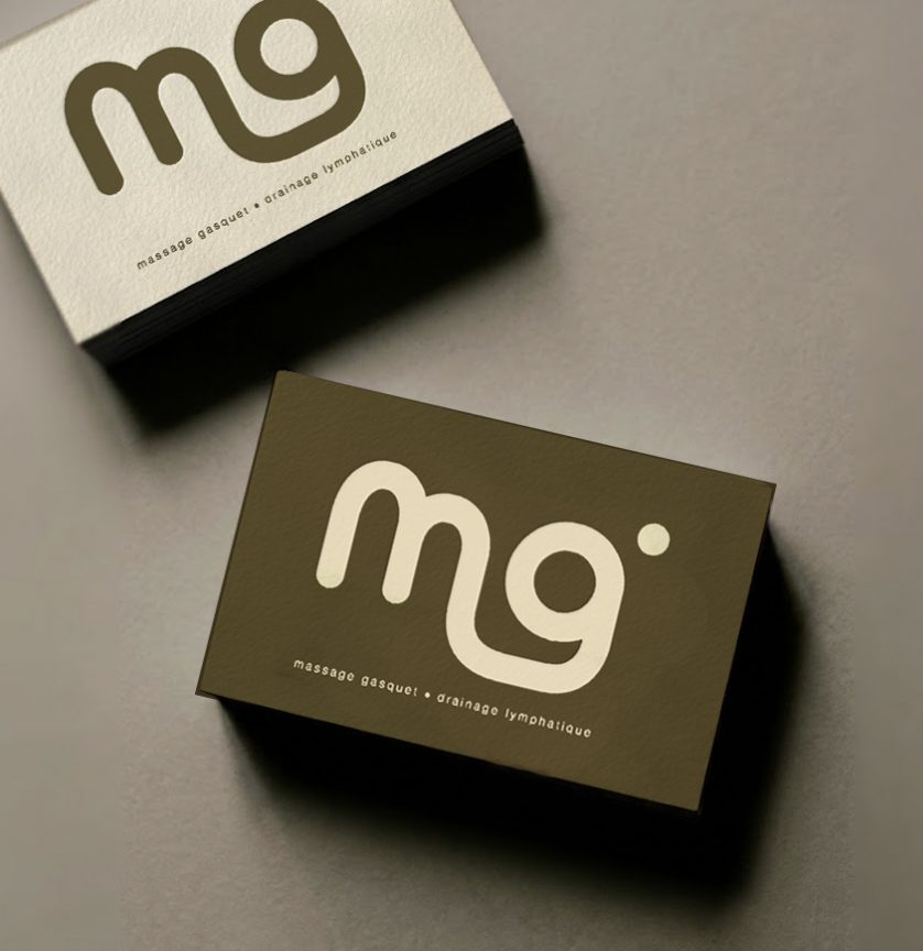 Cartes de visite Massage Gasquet, drainage lymphatique : monogramme mg en kaki et écru