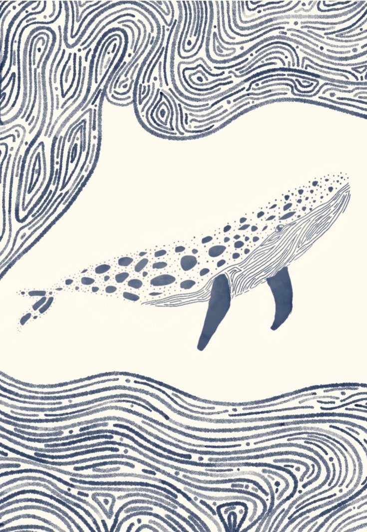 Illustration d'une baleine à l'encre bleue entre des vagues stylisées