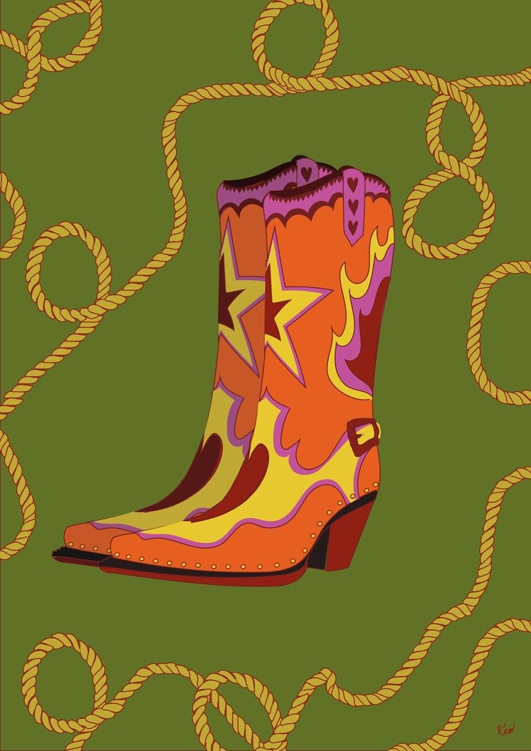 Illustration de bottes de cow-boy orange et jaune sur fond vert, entourées d'un lasso