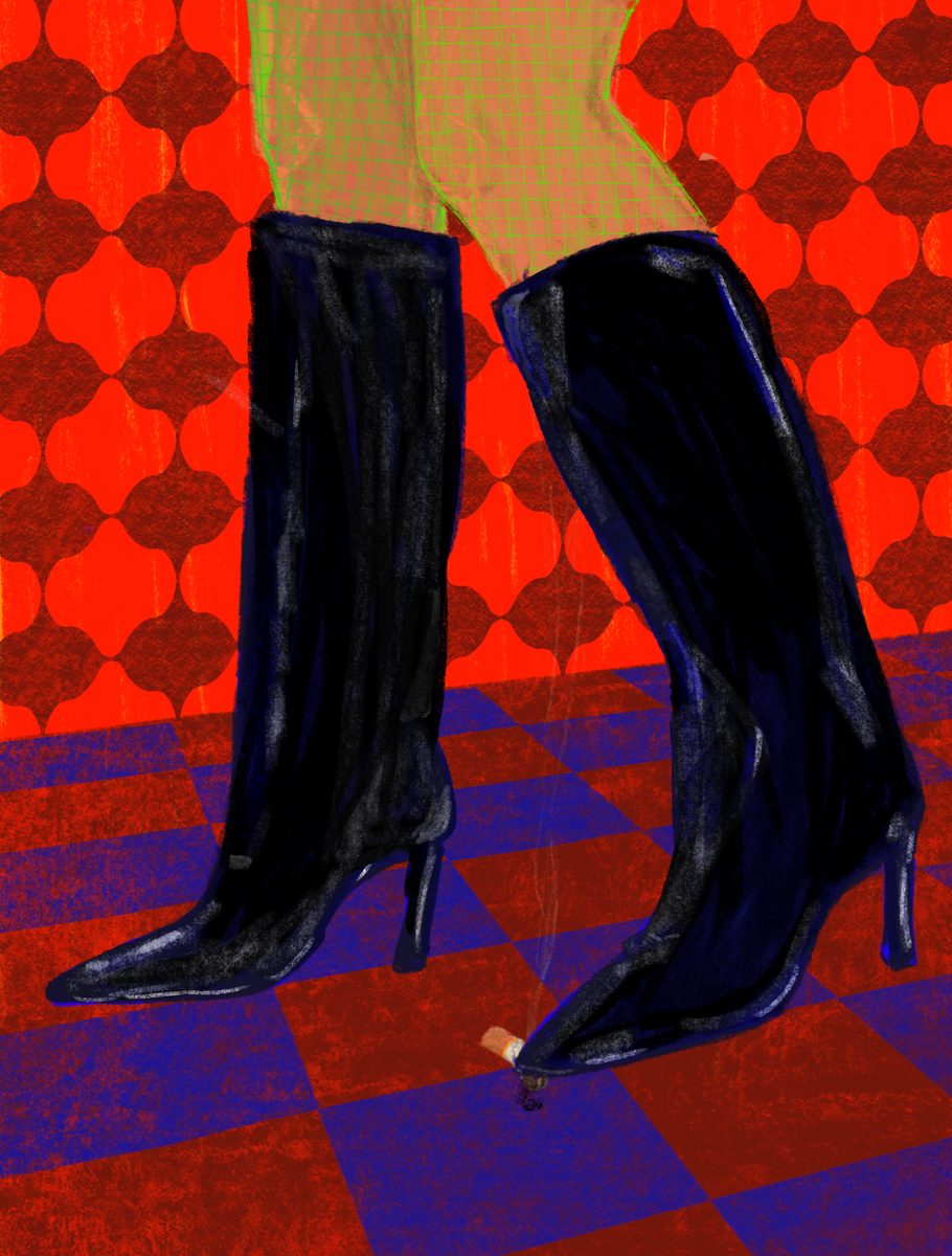 Illustration de bottes noires vernies sur un carrelage rouge et bleu, fond à motifs rouges