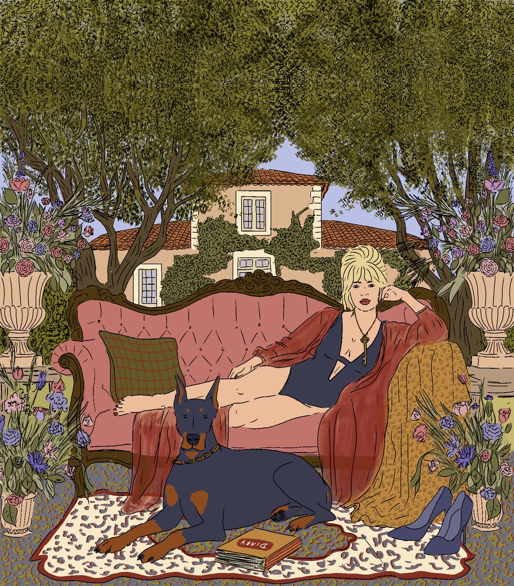 Illustration d'une femme blonde allongée sur un canapé rose dans un jardin, un dobermann à ses pieds