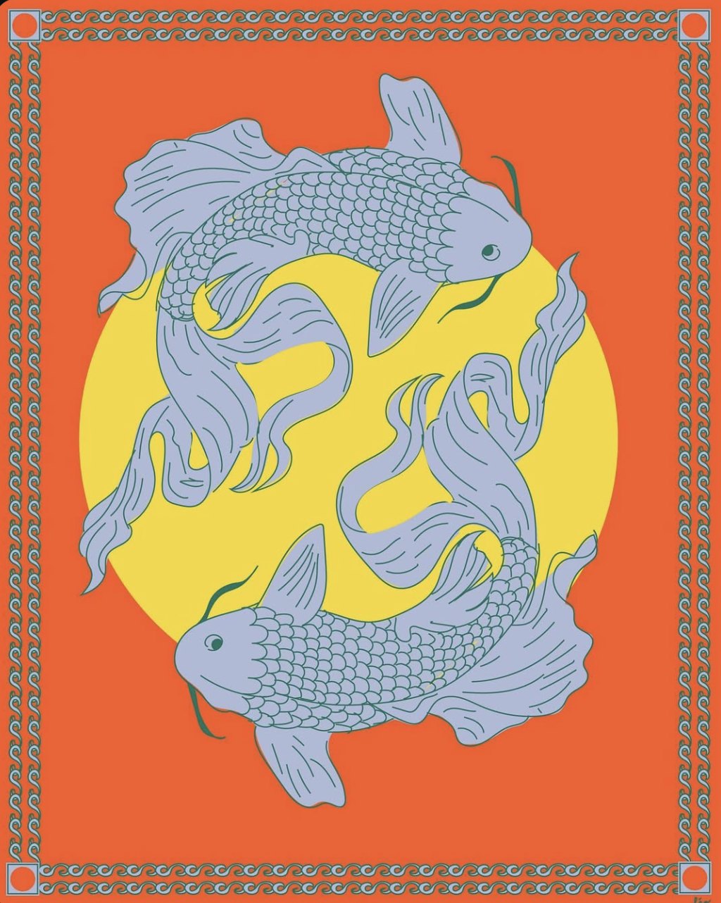 Illustration de deux carpes koï lavande autour d'un soleil jaune, sur fond orange