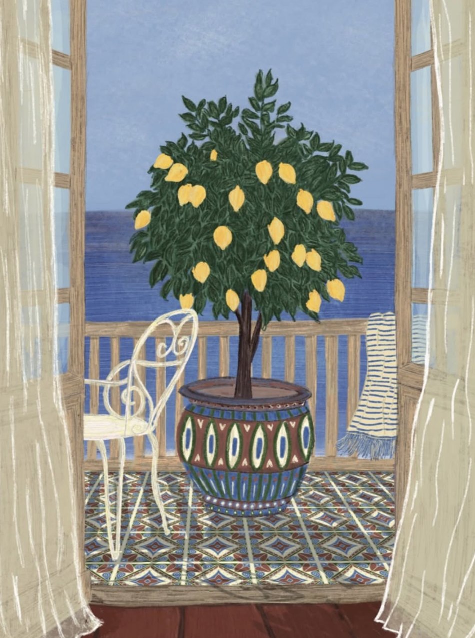 Illustration d'un citronnier en pot sur un balcon carrelé face à la mer