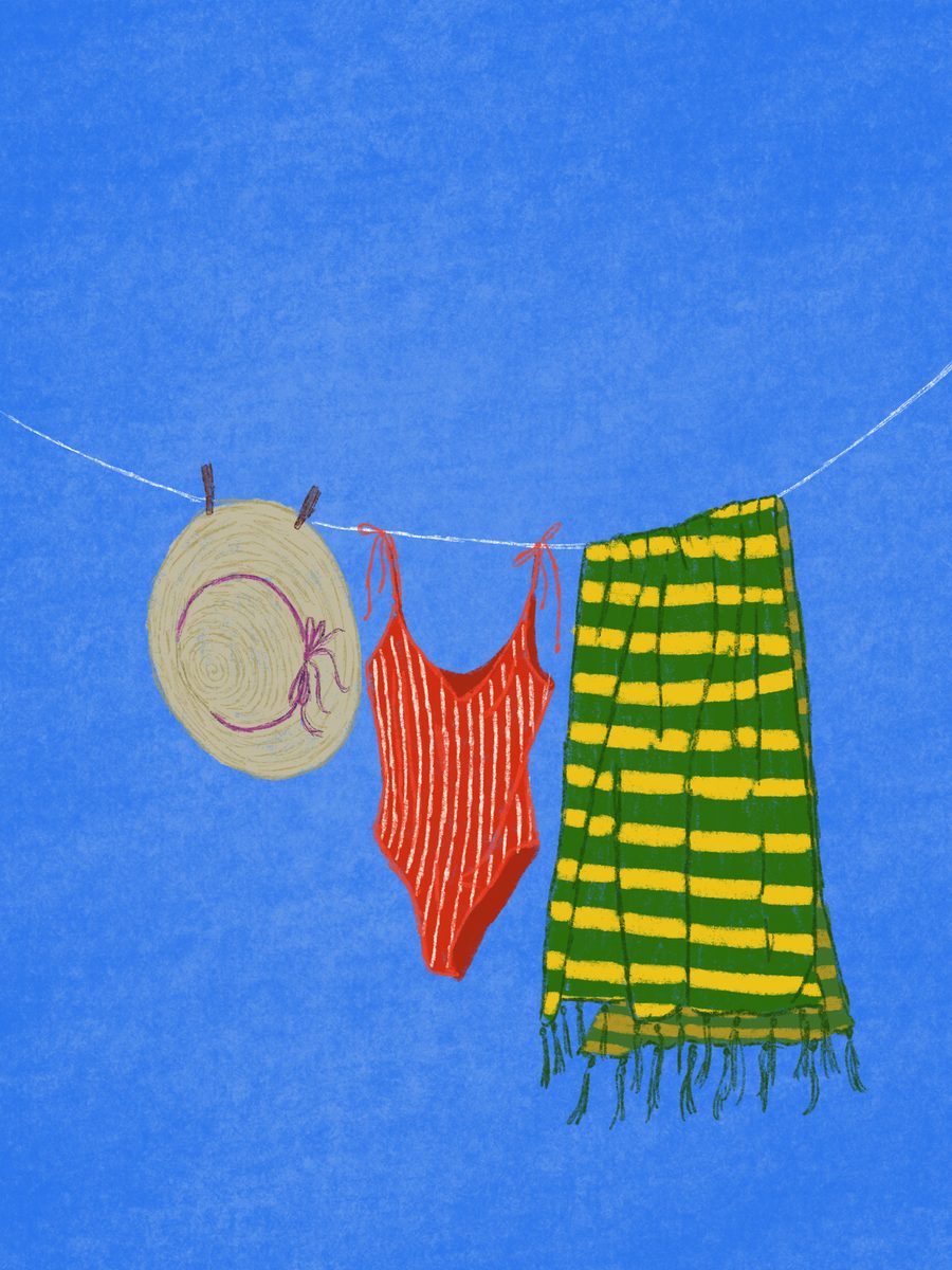 Illustration d'un chapeau de paille, d'un maillot rayé rouge et d'une serviette verte et jaune sur une corde à linge, fond bleu
