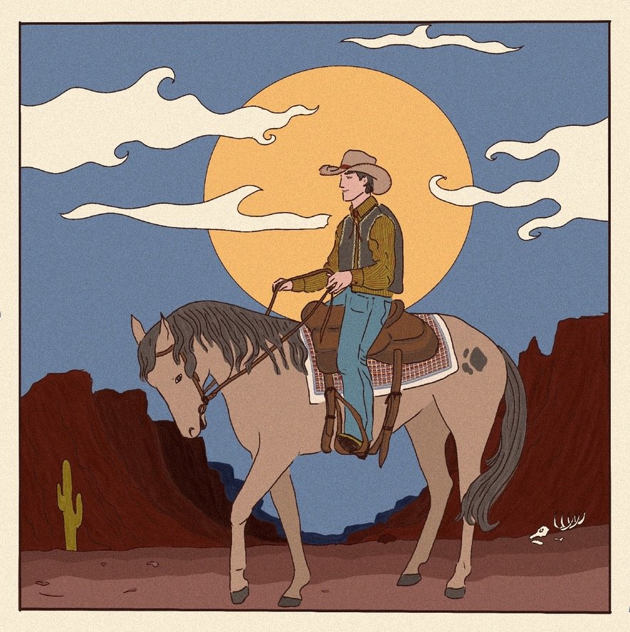 Illustration d'un cow-boy à cheval dans le désert, devant une grande lune orange