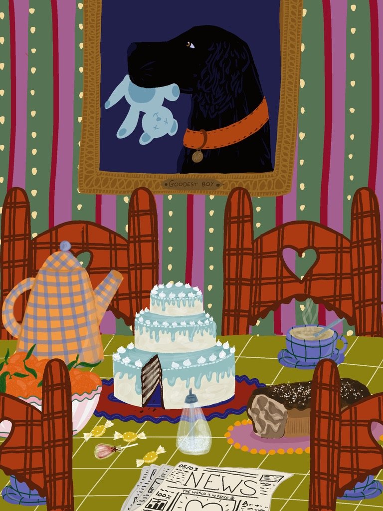 Illustration d'une salle à manger avec gâteau, sous le portrait d'un chien noir « Goodest boy »