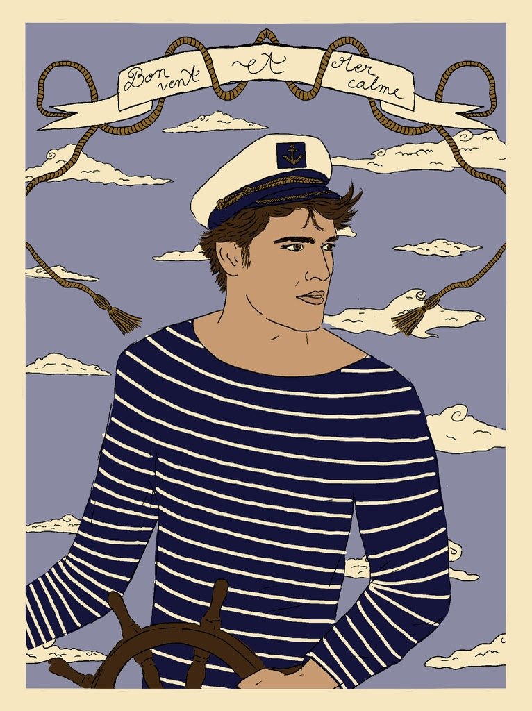 Illustration d'un marin en marinière à la barre, banderole « Bon vent et mer calme »