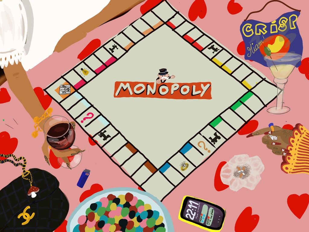 Illustration vue de dessus d'une partie de Monopoly sur une nappe rose à cœurs