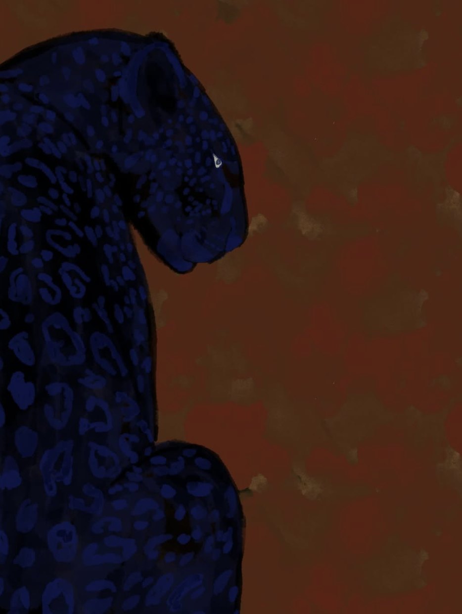 Illustration d'une panthère noire aux taches bleues, de profil, sur fond brun