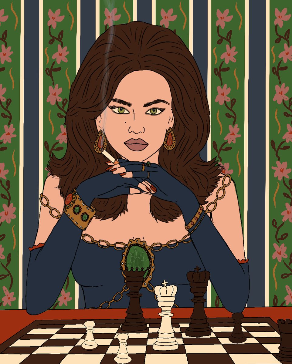Portrait illustré d'une femme brune aux gants bleus devant un échiquier, papier peint fleuri