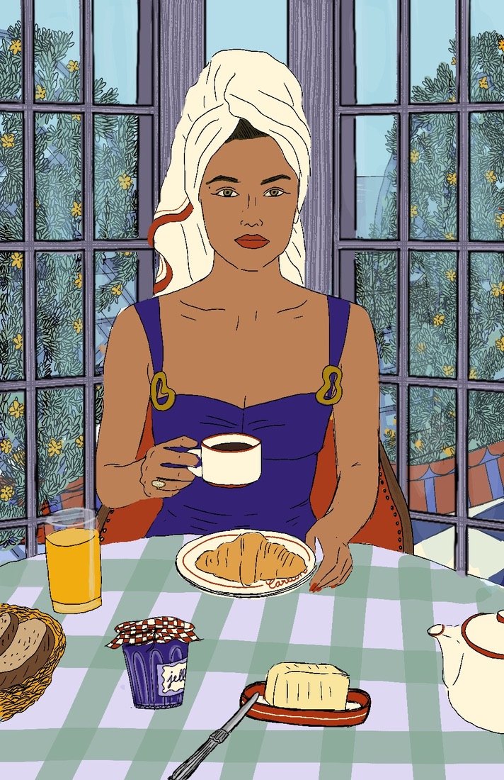 Illustration d'une femme, serviette sur la tête, prenant son petit-déjeuner devant une fenêtre