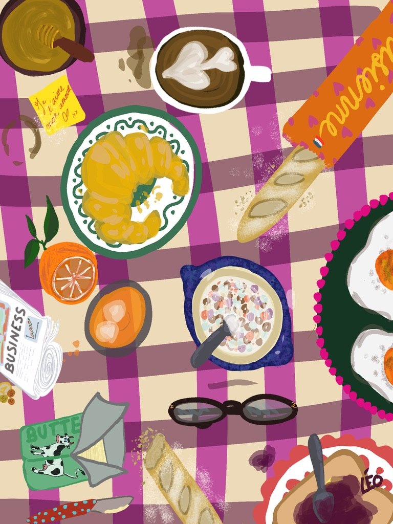 Illustration vue de dessus d'un petit-déjeuner sur une nappe vichy violette