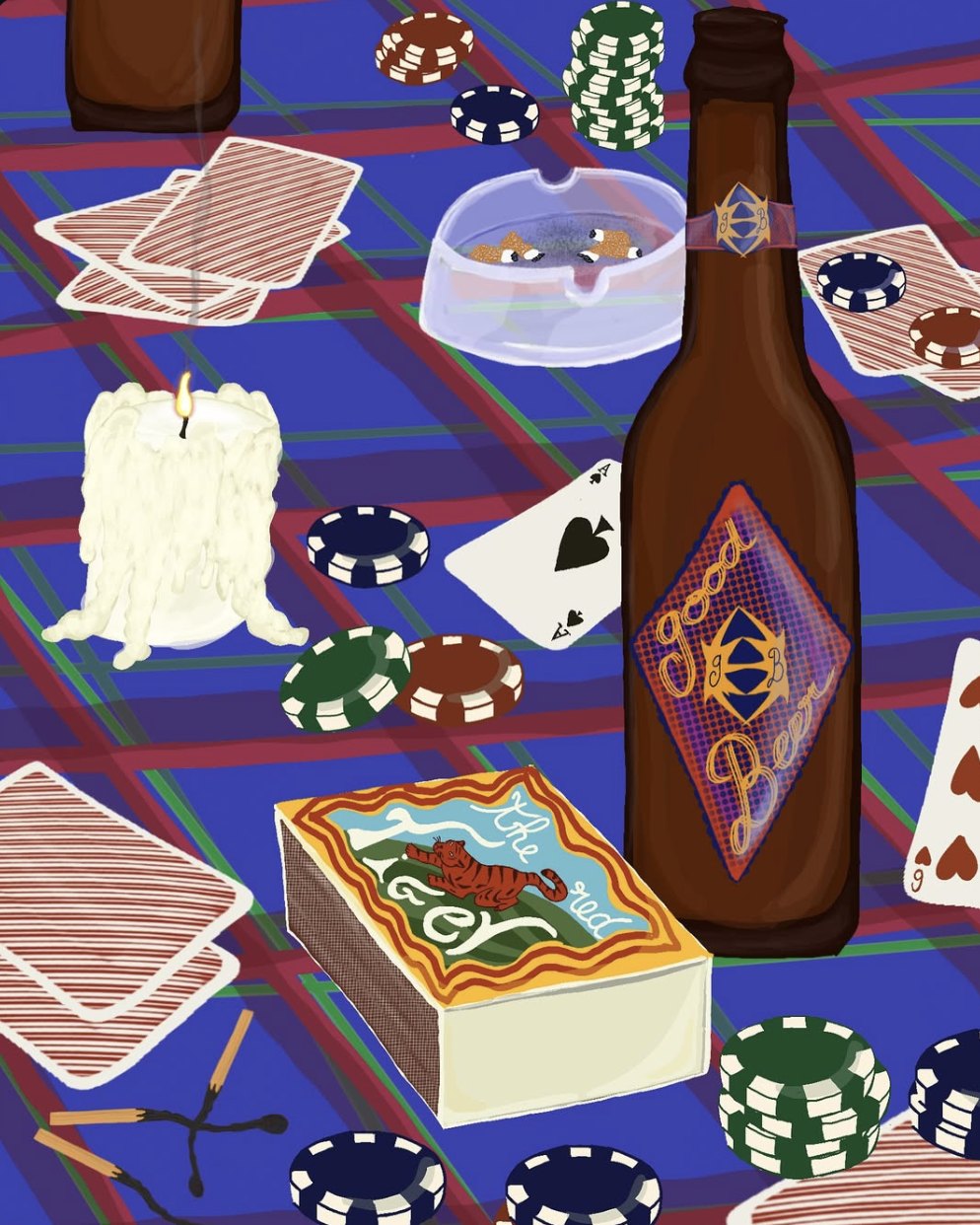 Illustration vue de dessus d'une table de poker : cartes, jetons, bière, bougie et boîte d'allumettes « The red tiger »