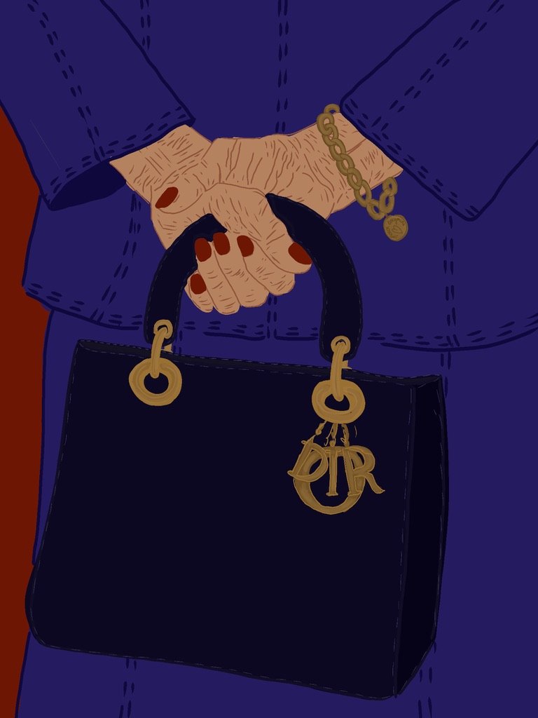 Illustration de mains aux ongles rouges tenant un sac noir, sur une veste violette
