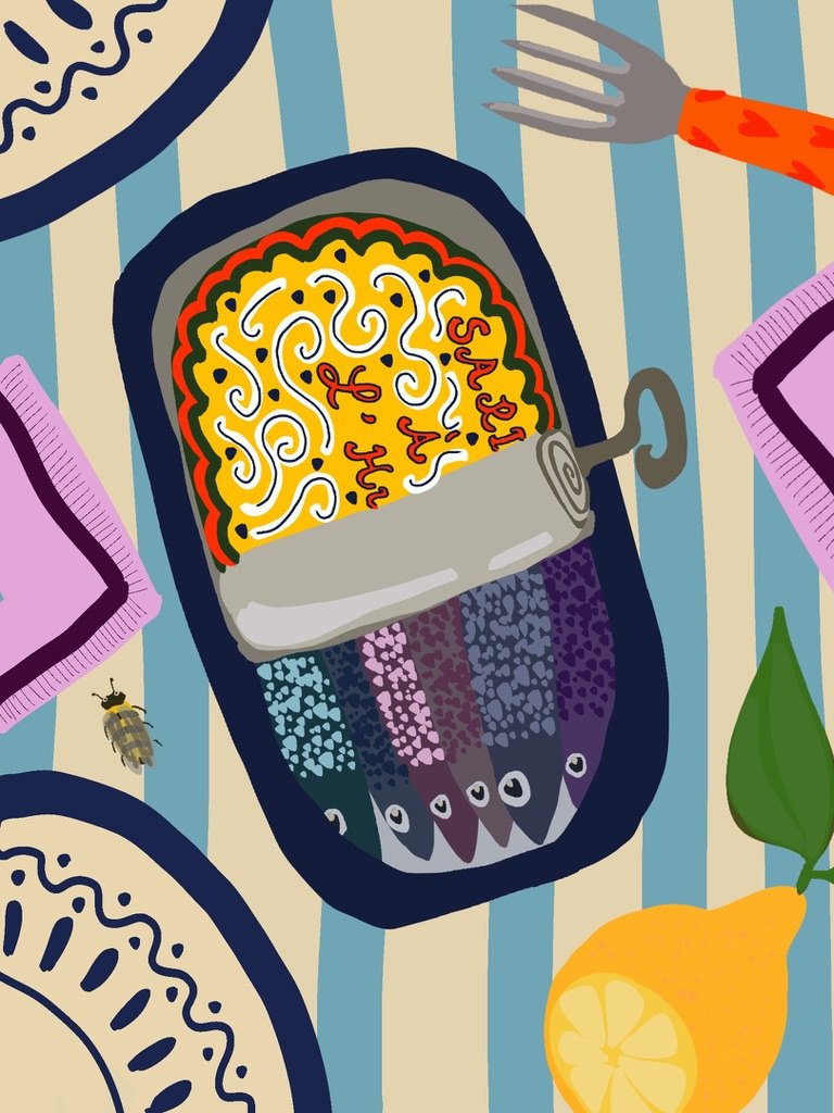 Illustration d'une boîte de sardines colorées sur une nappe rayée, avec citron et fourchette