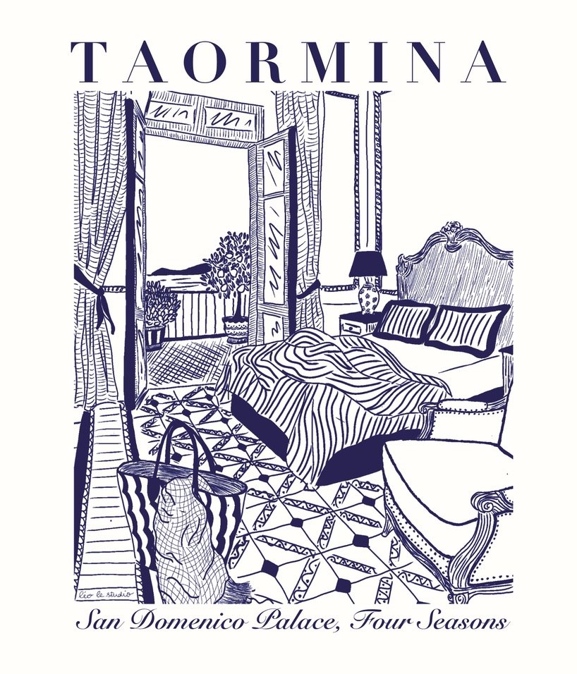 Illustration à l'encre bleue d'une chambre du San Domenico Palace à Taormina