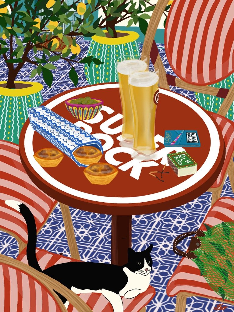 Illustration d'une table de terrasse avec bières et pastéis de nata, un chat noir et blanc sur une chaise
