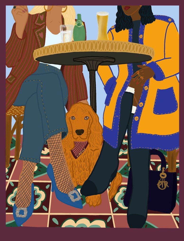 Illustration de deux amies en terrasse de café, un cocker roux assis entre elles