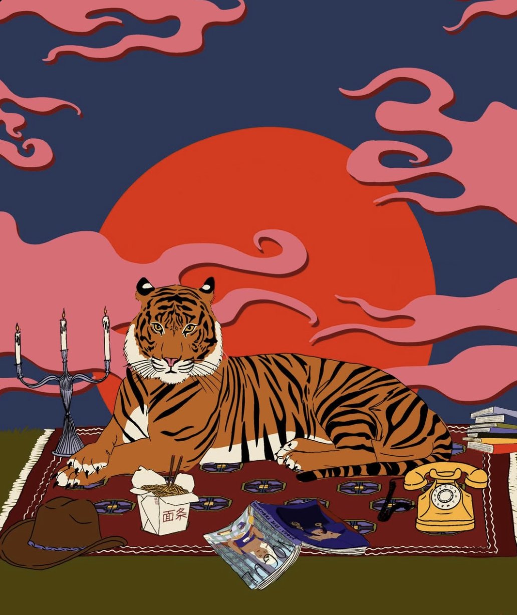 Illustration d'un tigre allongé sur un tapis devant un soleil rouge et des nuages roses