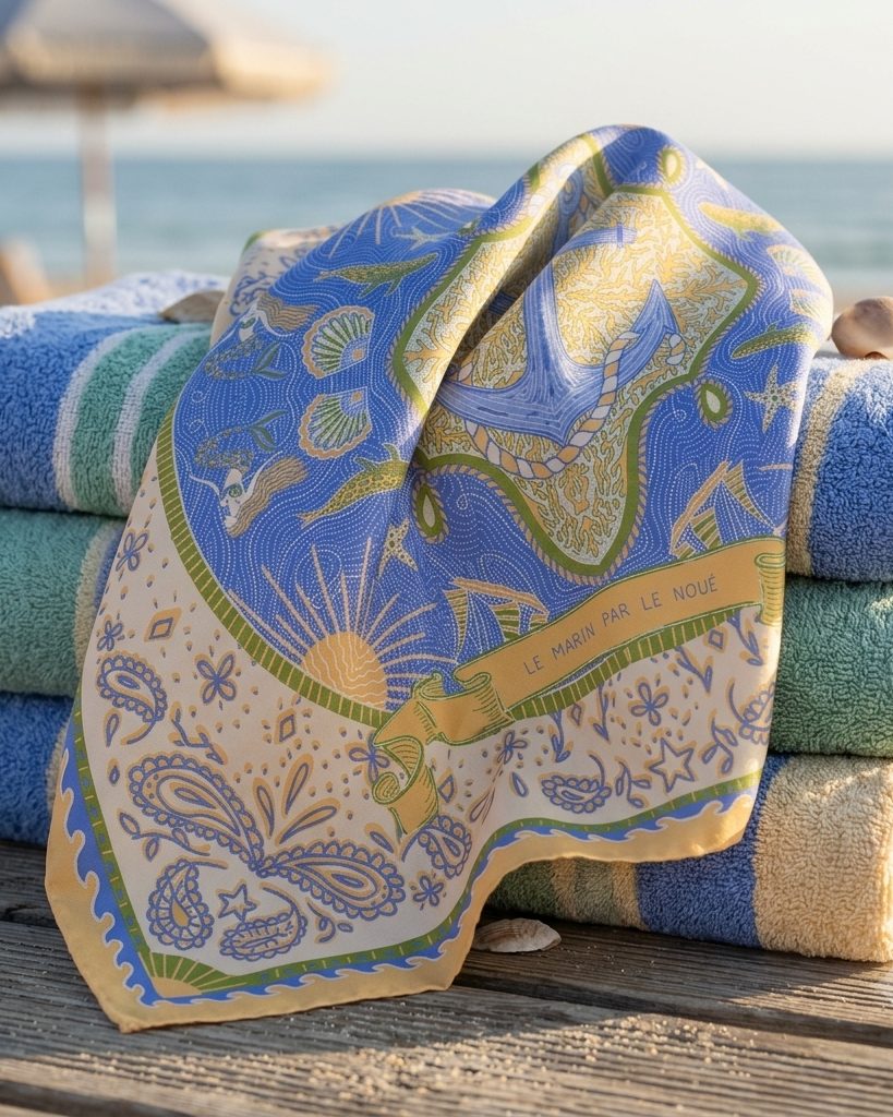 Le Marin de Le Noué posé sur une pile de serviettes de plage, face à la mer
