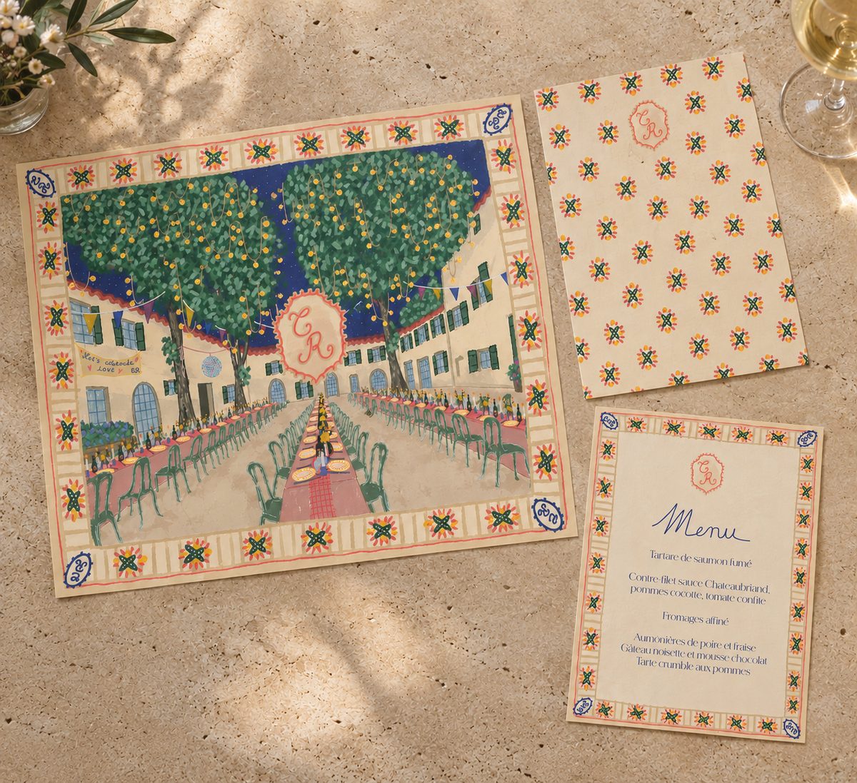 Papeterie de mariage C & R : illustration de dîner sous les arbres, carte à motifs et menu