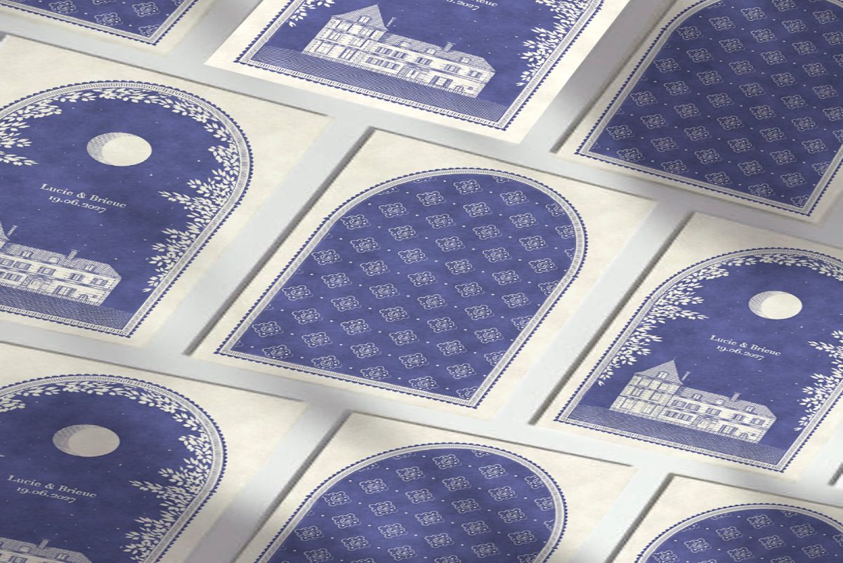 Cartes Lucie & Brieuc en violet et écru, château, lune et motif à fleurettes