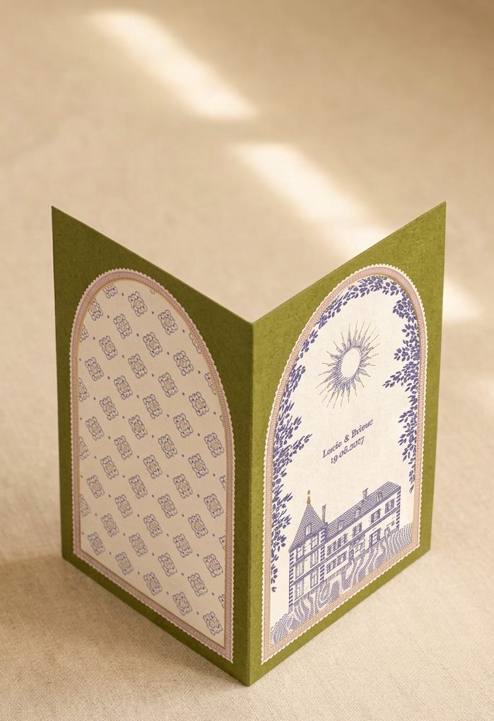 Faire-part de mariage Lucie & Brieuc : carte verte pliée, château dessiné sous une arche fleurie