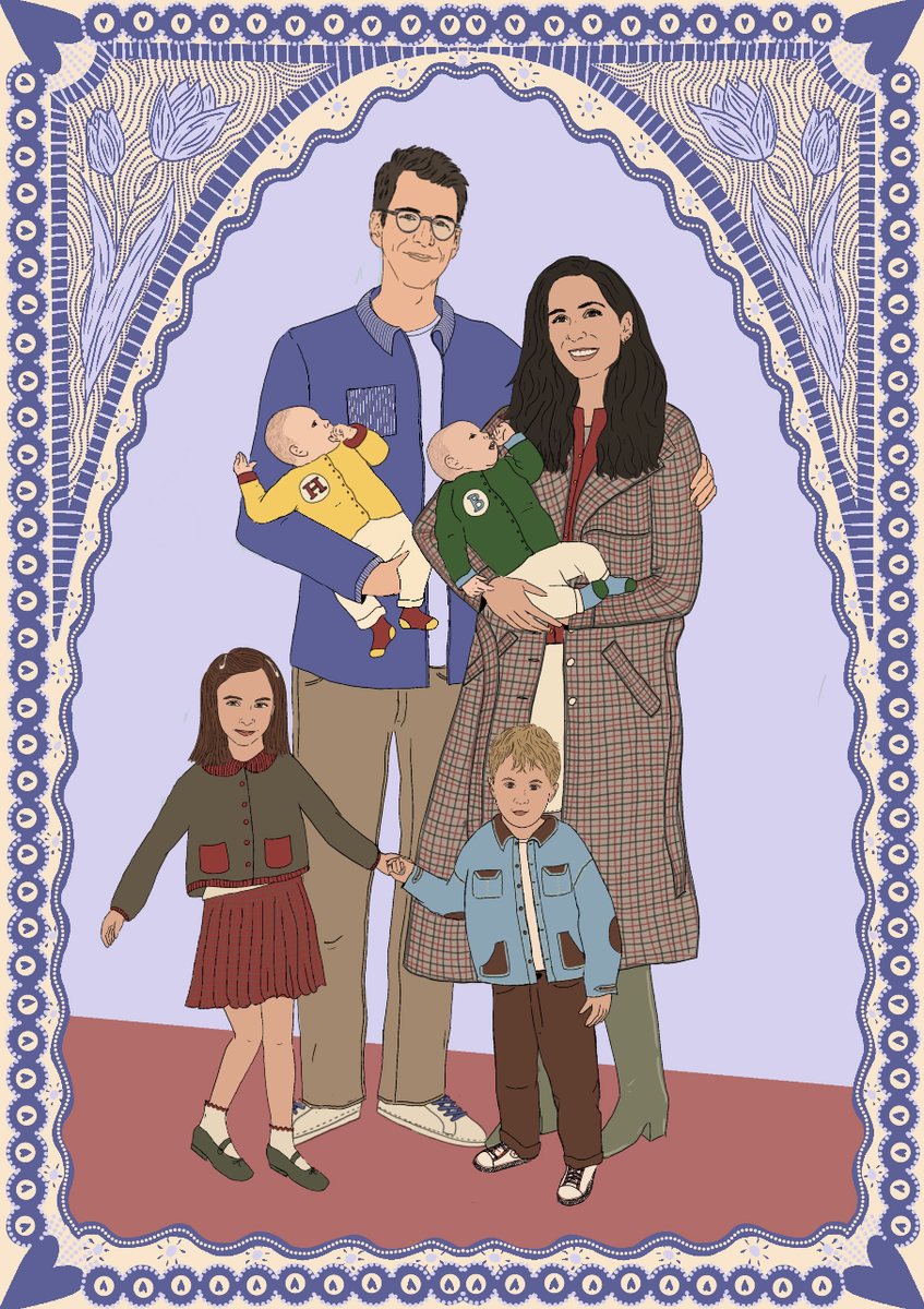Portrait de famille illustré : un couple, deux bébés et deux enfants, cadre de tulipes