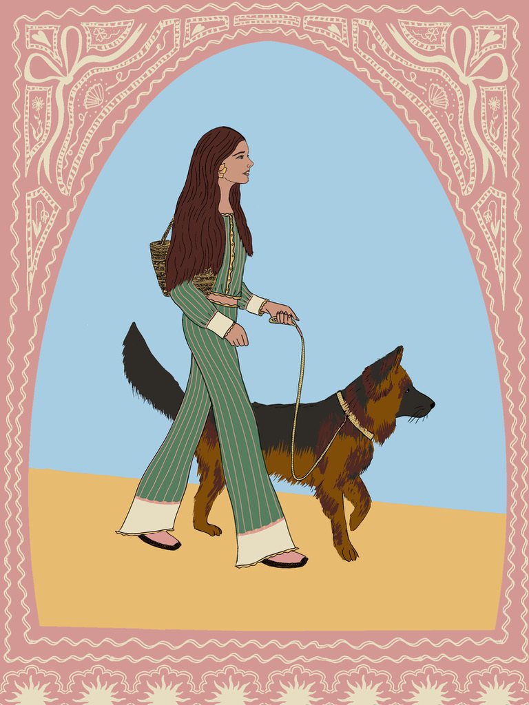 Portrait illustré d'une femme en ensemble rayé vert promenant son berger allemand