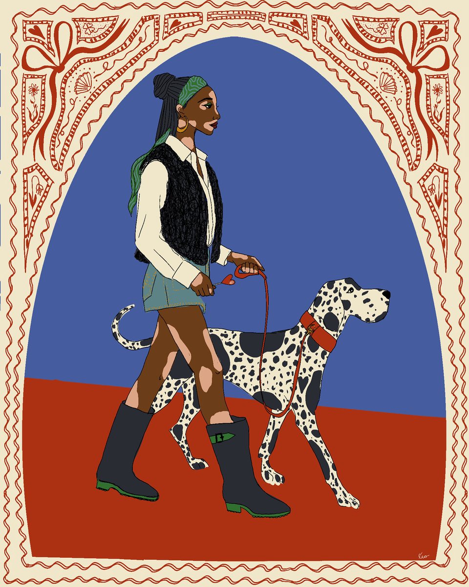 Portrait illustré d'une femme en bottes promenant son dogue allemand tacheté