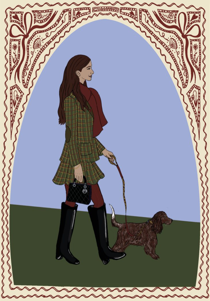 Portrait illustré d'une femme en tailleur à carreaux et bottes noires promenant son épagneul