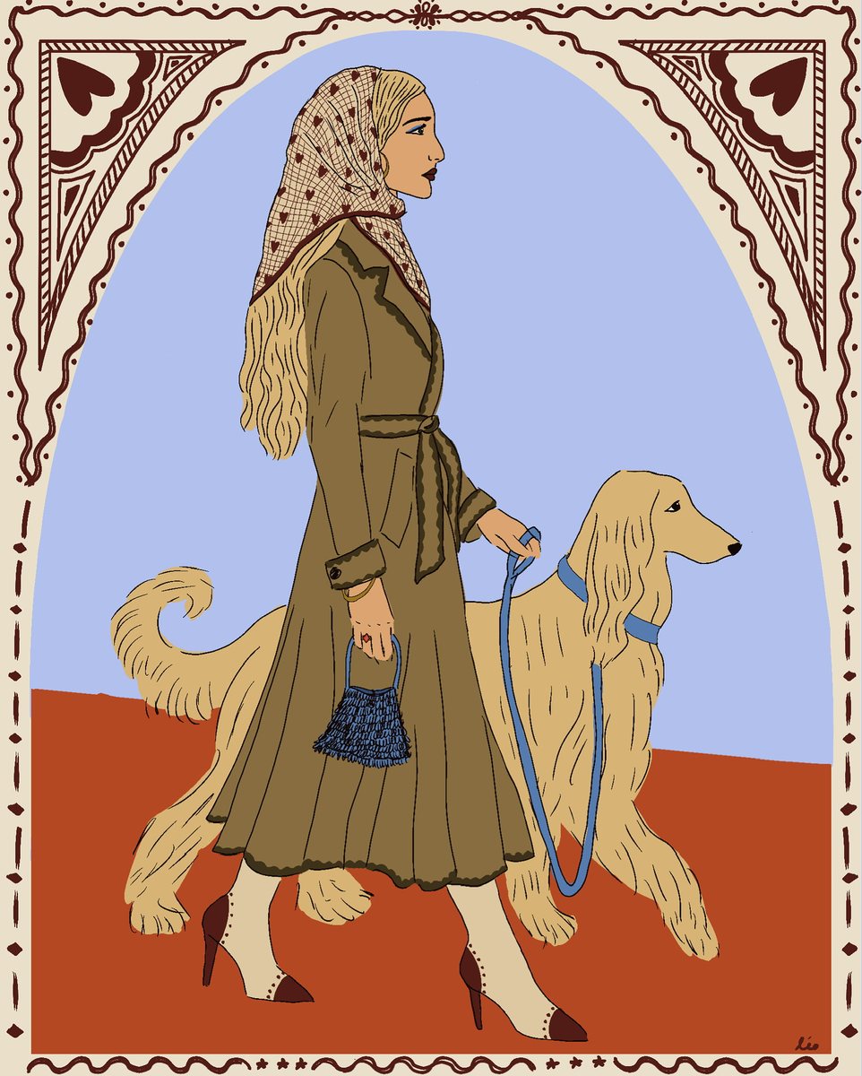 Portrait illustré d'une femme blonde en trench et foulard, promenant son lévrier afghan