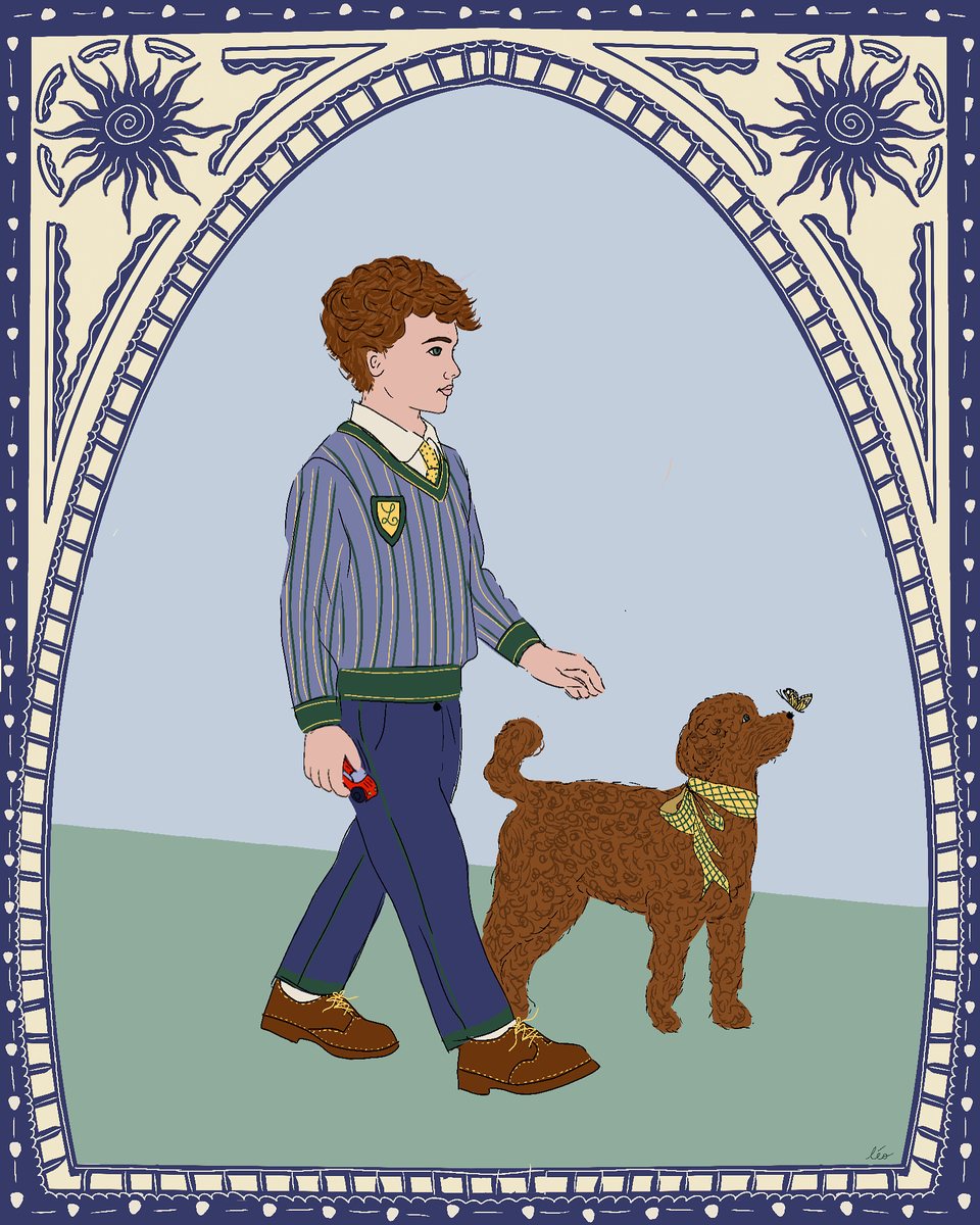 Portrait illustré d'un petit garçon en uniforme d'écolier avec son caniche marron