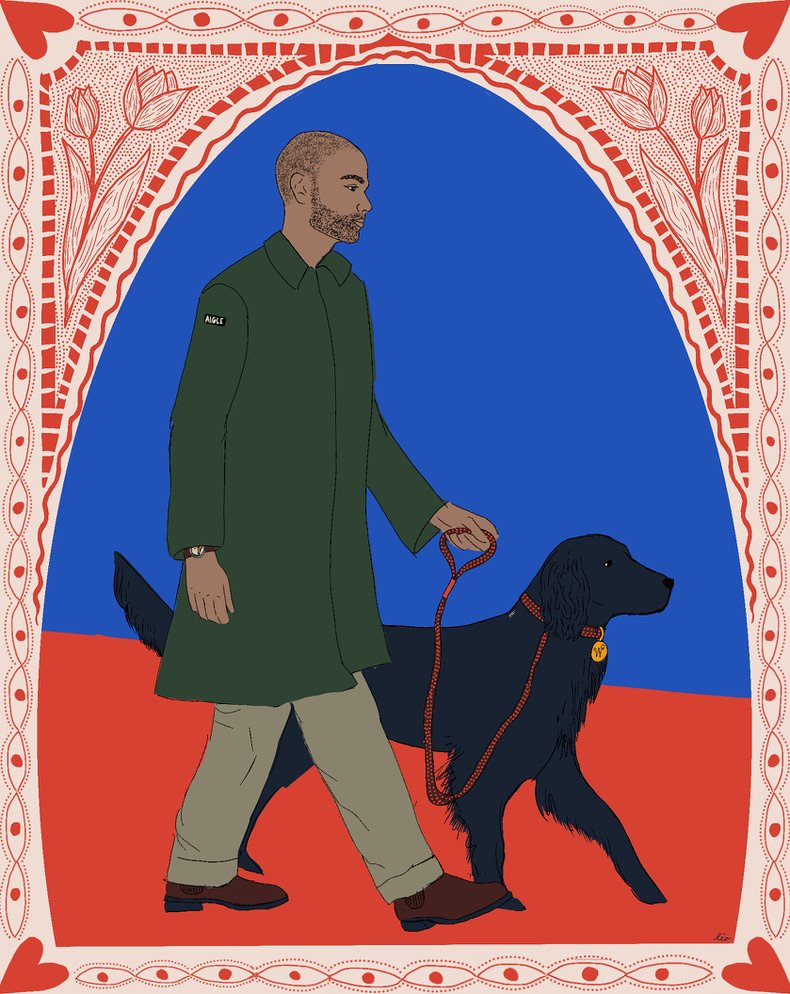 Portrait illustré d'un homme en manteau vert promenant son chien noir