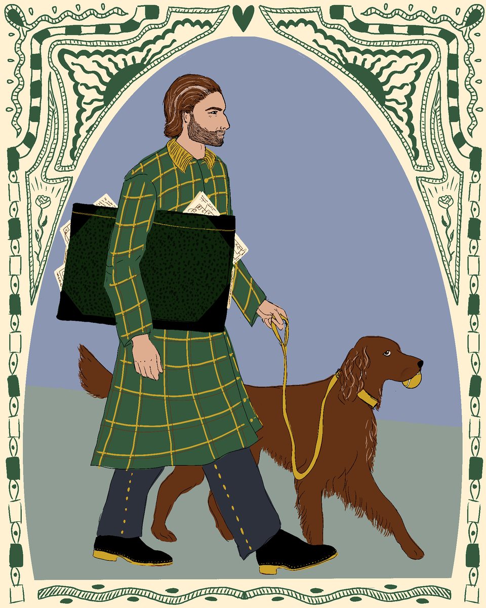 Portrait illustré d'un homme en manteau écossais vert, carton à dessin sous le bras, avec son setter irlandais