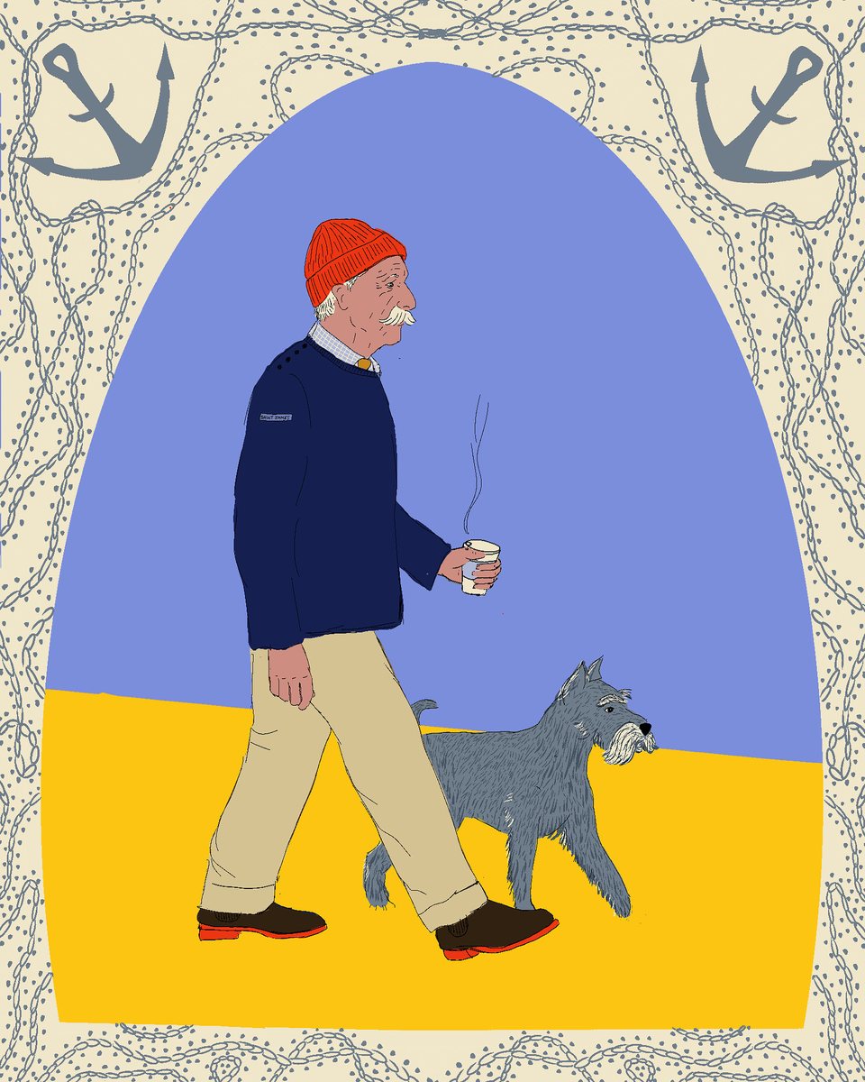 Portrait illustré d'un vieux marin au bonnet rouge, café à la main, avec son schnauzer