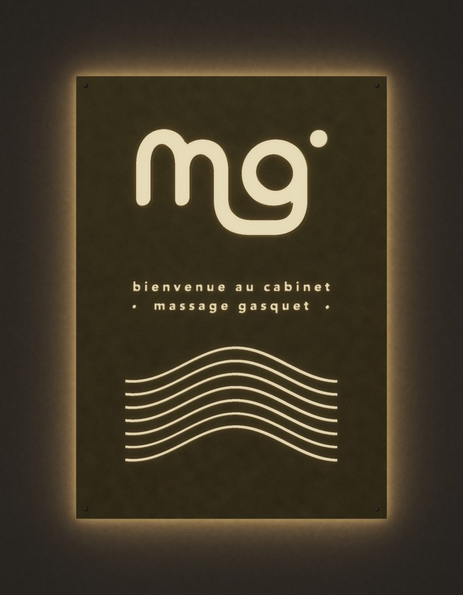 Plaque lumineuse Massage Gasquet : monogramme mg et vagues rétroéclairés sur fond kaki, « bienvenue au cabinet »